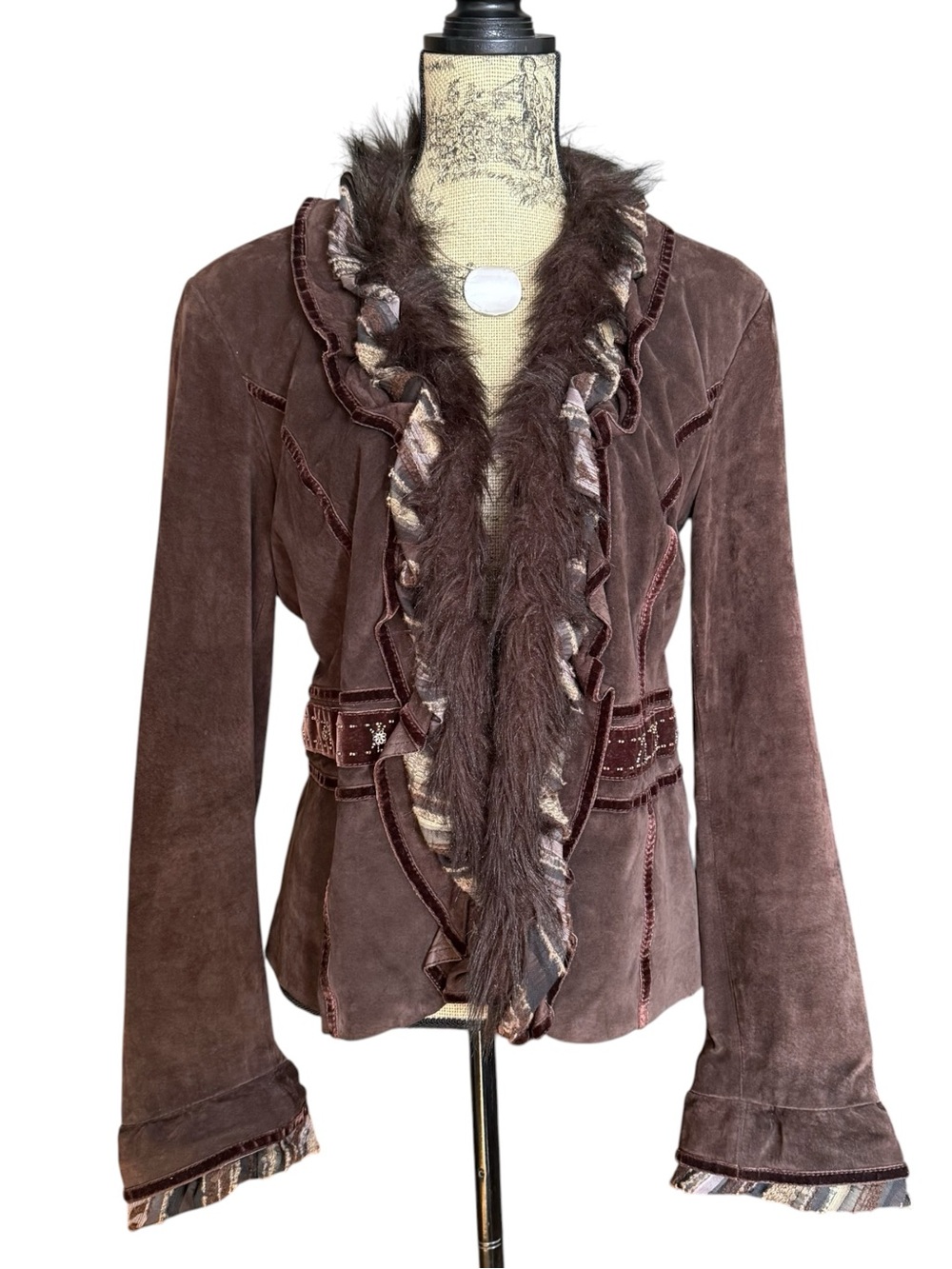 Brown Suede Faux-Fur Trim Jacket Beading Details Size 16